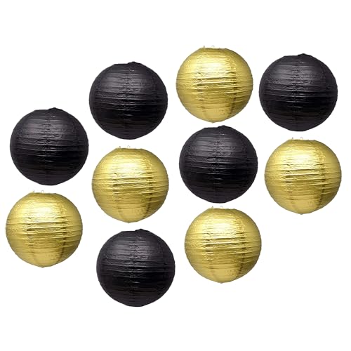 Image of Mudra Crafts 12 Inch Round Chinese Black Gold Paper Lanterns Hanging Decor | 10 PCs, Reusable, Indoor Outdoor Decorative Lamp Shade, for Ceiling, Wedding, Shower, Party, Festival, Home Decoration