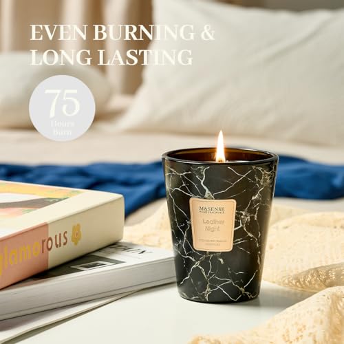 Image of M&SENSE Leather Night Scented Soy Candle, 3 Wick Highly Scented 14.1 Oz 75H, Aromatherapy Christmas Gift for Women and Men