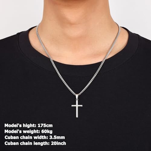 Image of Fiusem Silver Tone /Black /14K Gold Plated Cross Necklace for Men, Beveled Edge Pandent Mens Necklace, 3.5MM Stainless Steel Cuban Chain, 16-24 Inches Jewelry Gifts