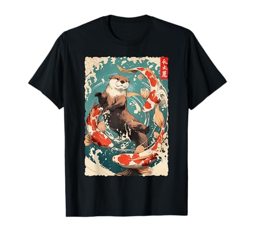 Funny Manga Anime Japanische Kunst Otter Schwimmen mit Koi Fischen T-Shirt