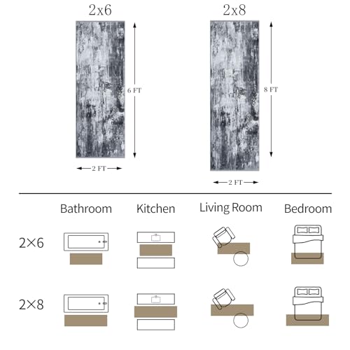 KOZYFLY Modern Abstract Runner Rug 2x6 Washable Grey/Black/Black Runners for Hallways Kitchen Runner Rug Non Slip Carpet Rug Runner Laundry Mat with Soft Low Pile for Entryway Bathroom Bedroom Kitchen