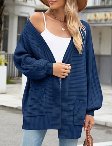 Image of MONNURO Womens Plus Size Cardigan Sweaters Cable Knit Open Front Puff Long Sleeve Fall Coat with Pockets(Lake Blue,3X)