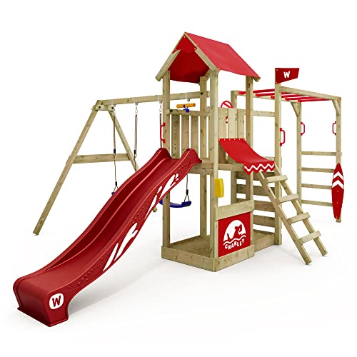WICKEY Spielturm Klettergerüst Smart Baboon mit Schaukel & Roter Rutsche, Outdoor Kinder Kletterturm mit Sandkasten, Leiter & Spiel-Zubehör für den Garten