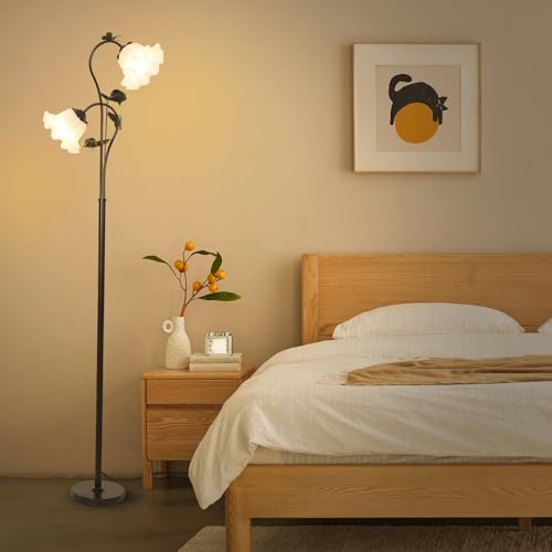 Image of HMVPL Black Floor Lamp for Living Room, Flower Standing Lamp with 2 LED 5W Blubs, Foot Switch, Floral Tall Lamp with Acrylic Shade, Antique Lotus Flower Floor Lamp for Living Room Office Reading
