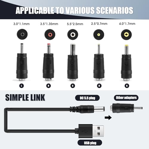 USB to DC Cable, 1M 5V 2.0 A Universal USB Power Cable Male to DC 5.5 x 2.1mm Barrel Jack Plug Charger Power Cord Adapter with 2.5x0.7mm 3.5x1.35mm 4.0x1.7mm 5.5x2.5mm 3.0x1.0mm 5 Connectors Tips