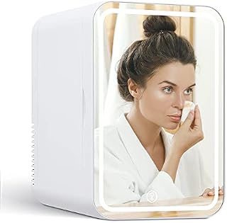 softeen Mini Fridge with Light Up Mirror, Easy Operation with Touch Key and Adjustable Brightness (3 Modes, Warm White), 6 Liters for Skin Care, Medications,2 Power Cords,Home Plug and 12V Car Plug