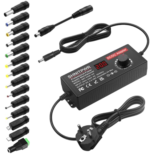 SHNITPWR Fuente de alimentación ajustable 3.5-36 V 4A 144W Adaptador universal DC 36 V 34 V 31 V 29 V 26 V 24V 20V 19V 14V 12V 9V 6V 3.5V con 14 puntas y Cable de polaridad para electrónica doméstica