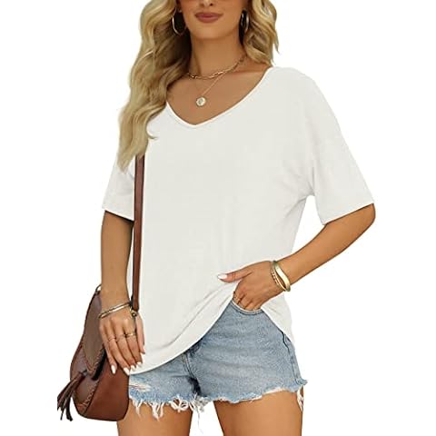MIROL Women's Half Sleeve T Shirts Fashion V Neck Oversized Loose Tops Solid Casual Basic Blouses Cover