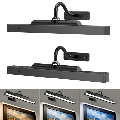 Wireless Picture Lights 12", 4400mAh Battery Powered Cordless Wall Lights, 2Pack Dimmable Remote Timer for Painting Artwork Living Room (Black) Black