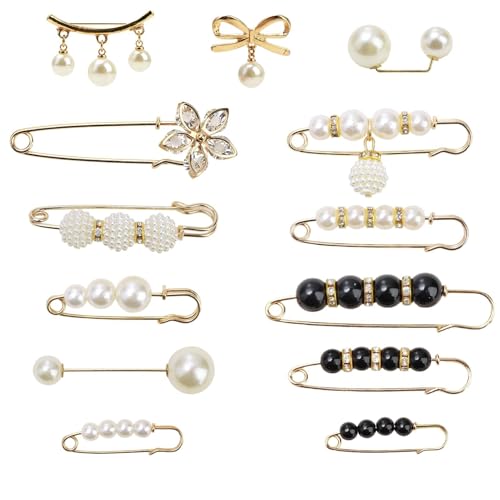 13Pcs Perle Broche, Epingle a Nourrice Mariage Strass Sécurité Clips pour Pull Col Châle Cardigan Echarpe
