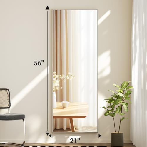 Image of BEAUTYPEAK Full Length Mirror with Stand, 56 inchx21 inch Floor Mirror with Aluminum Alloy Thin Frame, ShatterVue Tempered Full Body Mirrors, Free Standing or Wall-Mounted Mirrors for Living Room, Silver