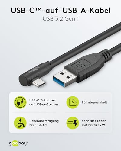 Goobay 66504 USB 3.0 auf USB C Kabel 3m / 15W Handykabel / 90 Grad USB C Winkelstecker / Ladekabel 5 Gbits SuperSpeed / USB Type C Handy… – Ansicht 2