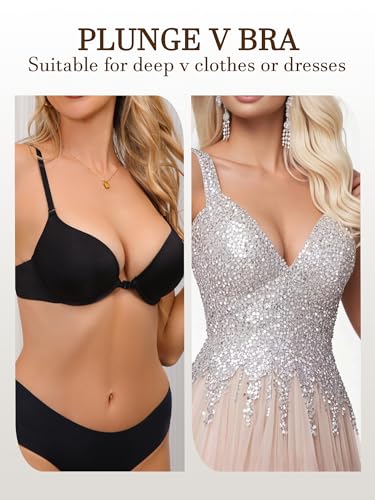 Image of Women's Front Closure Bra Push Up Padded Add Cup Demi Plunge Bras with Underwire Lift T Shirt Smooth Bralette(Black, 38C)