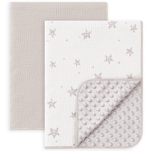 Image of Susurration Baby Blanket for Unisex Boys Girls, 2 Pack Soft Fluffy Crib Blankets with Muslin Cotton Front and Dotted Fleece Back, Receiving Blanket for Baby Newborn Infant, 30x40inch, Beige Star&Grey