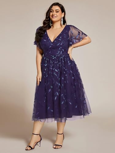 Image of Ever-Pretty Womens Embroidered Tulle Plus Size Cocktail Evening Party Dress A-Line Midi Wedding Guest Dresses for Curvy Women