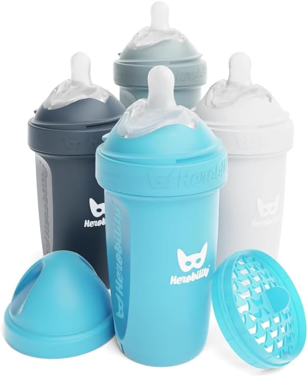 Herobility Double Anti-Colic Baby Bottles – 8.5 fl oz/240ml – 4-Pack – BPA-Free - Multicolor - White, Gray, Iron Blue, Blue