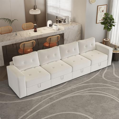 Image of QHITTY Modular Sofa, 4 Seater Accent Couch with Hidden Extra Large Storage Space for Living Room, Beige White