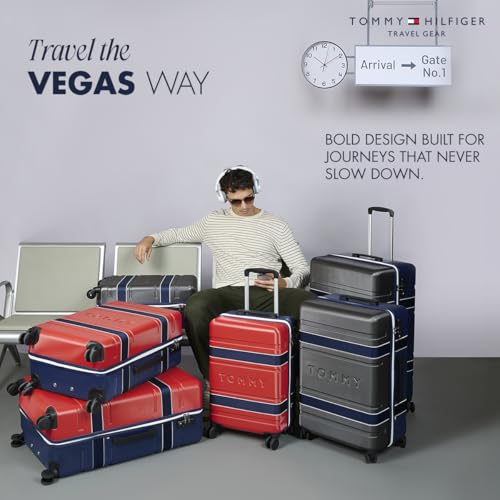 Image of Tommy Hilfiger Hard Luggage Set of 3 (Small, Mid and Large) Las-Vegas - Red & Navy | Check-in Trolley Bags with TSA Lock | 360 Spinner Wheels | Telescopic Handle | Hardshell PC Suitcase