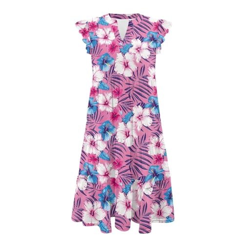 Image of Women's Casual Ruffle Sleeve Dress V Neck Pullover Dress Flowy A-Line Pleated Lightweight Dress with Pockets