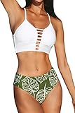 Herausnehmbare Softpads CUPSHE Damen Bikini Set mit Zierriemen Cut-Out Bademode Zweiteiliger Badeanzug Weiß/Grün S