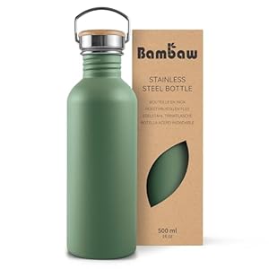 Bambaw Reusable Water Bottle 16 oz, Green Water Bottle Metal, Non-insulated Single Wall Stainless Steel Bottle, BPA Free Water Bottle Small, Metal Water Bottle for School – Sage Green