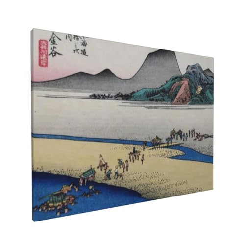 歌川広重 浮世絵 《東海道五拾三次之内 金谷:大井川遠岸》ポスター 部屋飾り キャンバスウォールアート 印刷 版画 壁飾り 壁の絵 壁掛け ソファの背景絵画 40x30cm 木枠付きの完成品