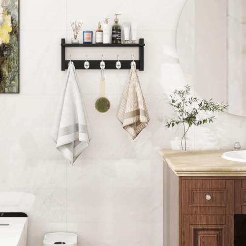 Image of Homode Wall Coat Rack With Shelf, Wood Entryway Hanger With Hooks, Small Floating Pegs for Hanging Coats, Hats, Purses, Backpacks, Black