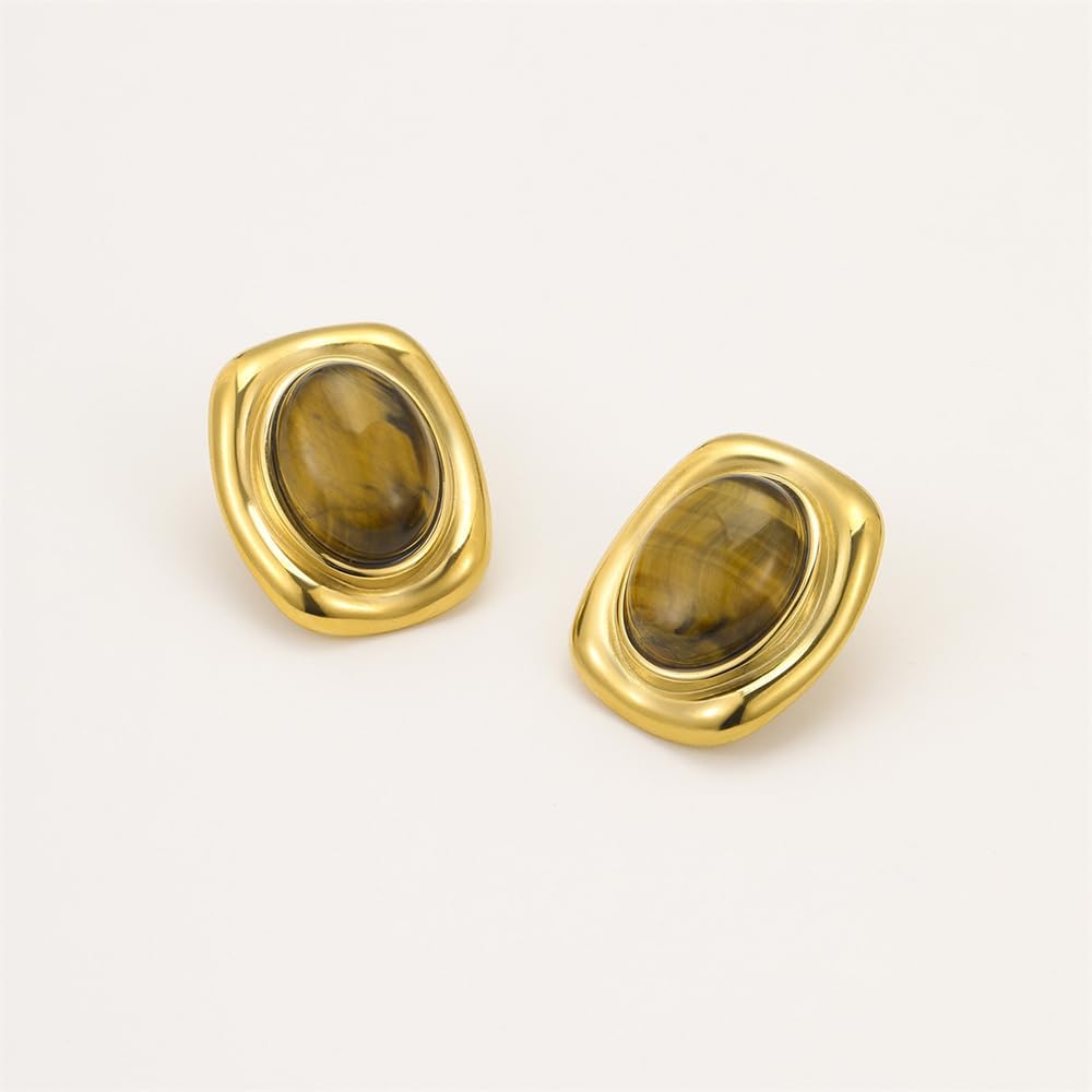 Vintage Square Stud Earrings for Women Geometry Oval Tiger Eye Stone Thick Studs Earrings Stainless Steel Bohemian Statement Earrings - Image 3