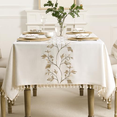 Cotton Linen Rectangle Tablecloth with Tassel for Dining Table, B...