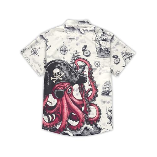 Image of THE PIRATE KING Funny Pirate Hawaiian Shirt Boys Girls Beach Tropical Casual Short Sleeve Button Down Shirt for 5-14 Years