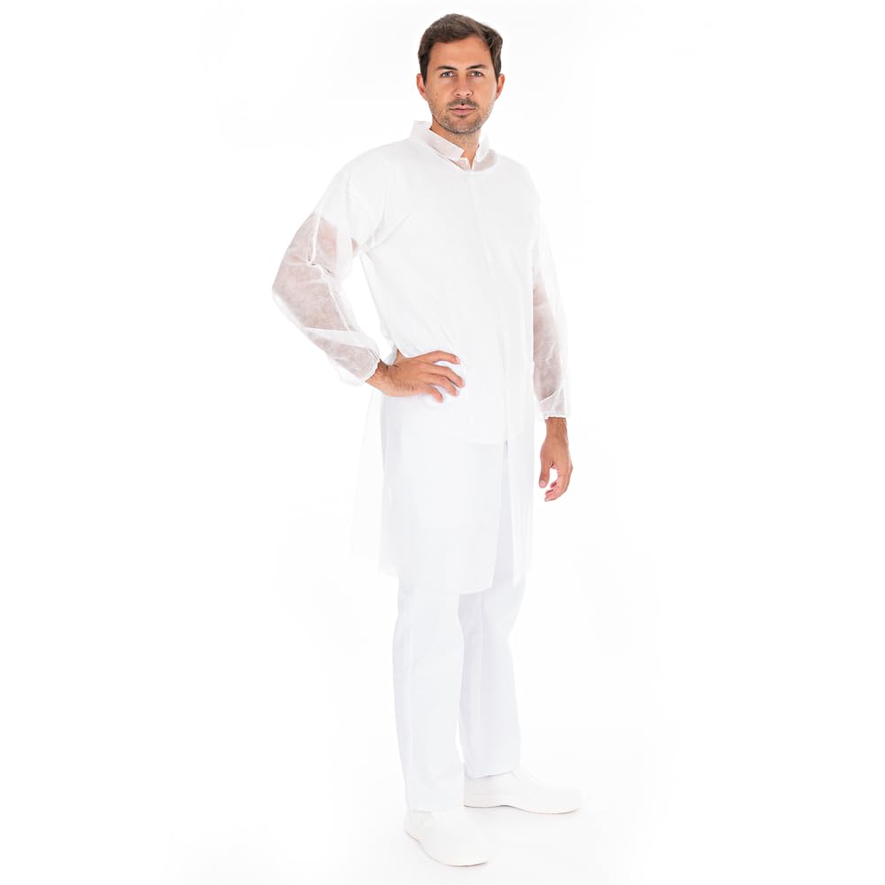 FRANZ MENSCH 100 Stück Hygonorm Besucherkittel Light mit Klettverschluss, Stehkragen | PP, white, XXL, L: 110cm, Umfang: 140cm, Box, Einwegkittel, Einwegkittel, Besucherkittel