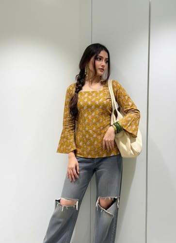 Image of ANNI Designer Women's Viscose Blend Printed Short Kurti | Straight Fit Casual Ethnic Top | Square Neck Full Sleeve Kurta Office College