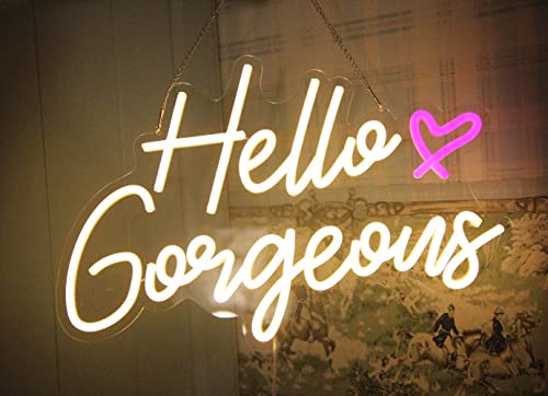 Image of DAKABUKA Hello Gorgeous Neon Sign Hello Beautiful Warm White LED Neon Lights for Home Wedding Birthday Backdrop Bacelorette Party Wth Dimmable Switch(5V,16.5X10.6inches)