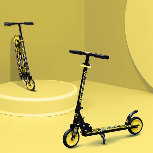 Image of Amazon Brand - Jam & Honey Kick Scooter | Foldable 2-Wheel Design with Rear Brake | 3-Height Adjustable Handlebar | BIS Certified | 50 kg Max Load | Neon Yellow | Ages 6-13 Years
