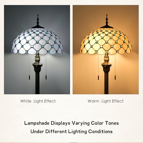 Image of Tiffany Style Floor Lamp, 16 inch Stained Glass Pastel-hued Grey Blue Domed Shade with Antique Bronze Base, 2-Light E26 Pull Chain Standing Reading Light for Living Room, Bedroom,16x16x64 Inches