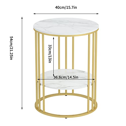 Wisfor Sintered Stone End Table: 2 Tier Round White Sofa Side Table - Small Coffee Table With Golden Frame - Modern Bedside Nightstand For Living Room Bedroom #TOP2