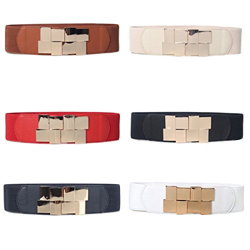 Womens Elasticity Stretch Gold-Plated Buckle Dress Waist Belt,Width 2.3inch(6cm) (White)2
