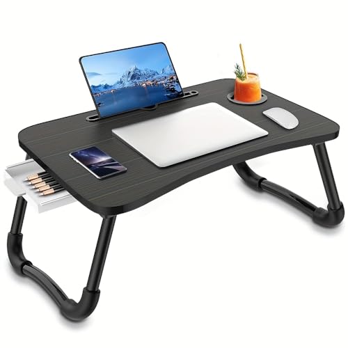 Bandeja para Cama, Mesa Plegable de Desayuno Mesa Ordenador Portátil Multifunción Mesa de Ordenador portátil para Cama y sofá (con Cajon, Negro)