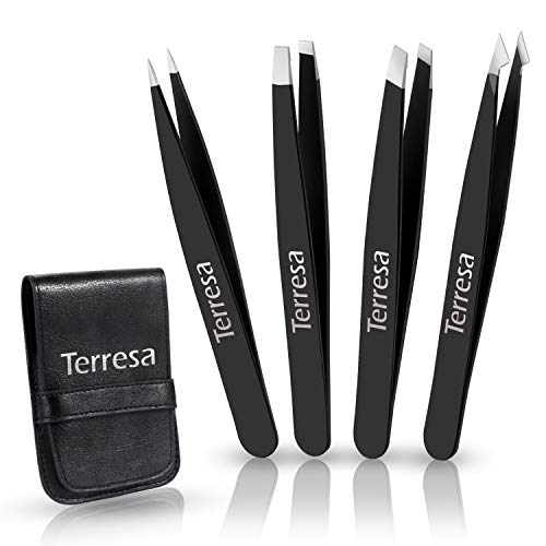 Eyebrow Tweezers Set, Terresa 4 Packs Professional Slant Pointed Tweezer for Eyebrows Plucking, Ingrown Hair Remover, Daily Beauty Tools for Women and Men