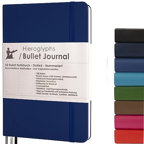 Hieroglyphs Bullet Journal A5 dotted - Hardcover Notizbuch mit 192 nummerierten Seiten, 100 g/m² Papier, 3 Lesezeichen, Gummibandverschluss & Anleitung auf Deutsch, Dunkelblau