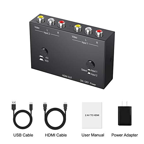 Azduou 2 Av To Hdmi, 1080P/720P 2 Way Rca Composite Cvbs Av Switch To Hdmi Video Audio Converter Adapter Support 4:3/16:9 Switching, For Sega Xbox Ps2 Ps3 N64 Ngc Snes Wii Vhs Vcr Camera Dvd #TOP6