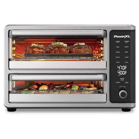 PowerXL SmartSynx Dual Door Oven, 8 Quick-Touch Cooking Presets including Air Fry, Toast, Bake, Broil, Reheat and More, Cook 2 Different Foods at the Same Time, Large Capacity & Adjustable Temperature Cover