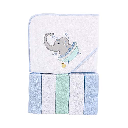 Image of Luvable Friends Unisex Baby Hooded Towel with Five Washcloths, Elephant Bath, One Size