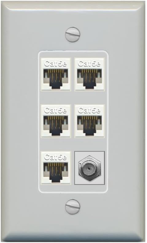 RiteAV 5 Port Cat5e Ethernet and 1 x Coax Wall Plate - 1 Gang Decorative [Stainless/White]