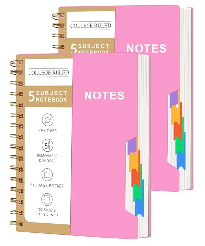 CAGIE 2 Pack Spiral Notebooks for School Work with Removable Dividers Tabs, Small A5 5 Subject Notebook College Ruled, Lined Journaling Notebook for Women Men Writing, Pink