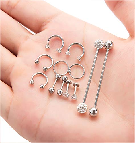 Masedy MASEDY-AP10-A 12Pcs Stainless Steel Industrial Barbell Cartilage Piercing Earrings For Women Men Hoop Helix Tragus Labret Piercing A-Silver thumb #5