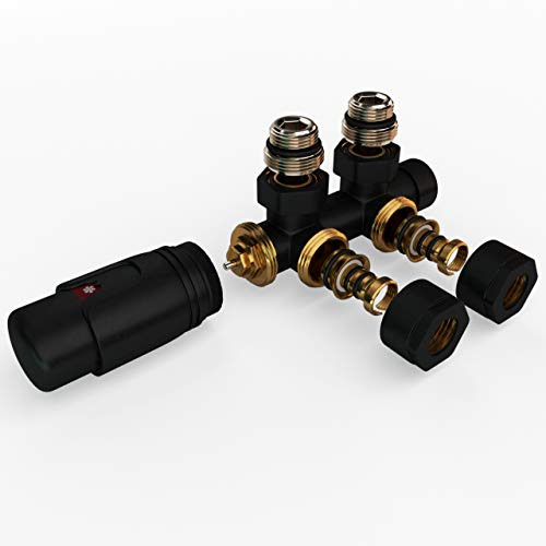 KERABAD Mittelanschluss-Set Multiblock Hahnblock Anschlussarmatur Ventil-Armaturen Eckform inkl. Thermostatregler für Badheizkörper Schwarz