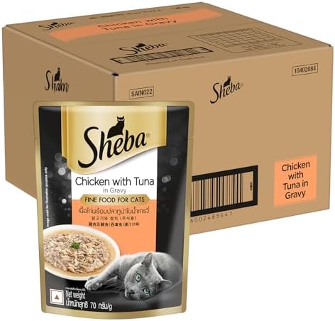 Sheba Fine Premium Adult (1+ Years) Wet Cat Food, Chicken with Tuna in Gravy, 70 g Pouch (Pack of 28), High-moisture gravy cat food for healthy hydration