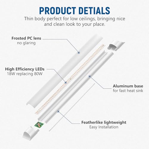 Dakason 2Ft Led Ceiling Light For Garage Flush Mount, 18W 2160Lm Led Shop Lighting Closet Light Fixture thumb #3