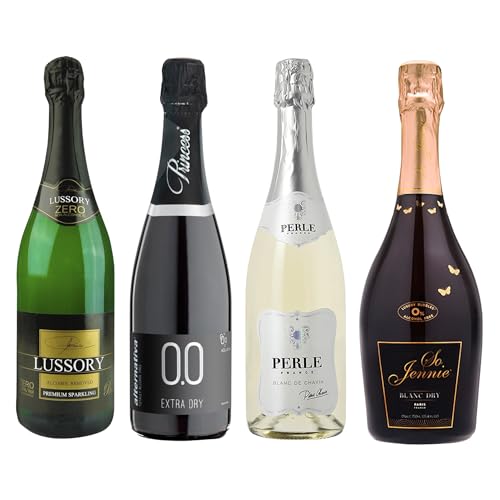 Non-Alcoholic Sparkling Wine Sampler – 4 Bottles (25.4 Fl Oz Each) – Lussory Brut, Princess Bollicine Bianco, Perle Blanc, So Jennie Paris (France, Italy, Spain)